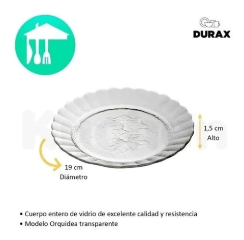 Platos Postre 19 Cm De Vidrio Durax Orquidea X 6 Unidades