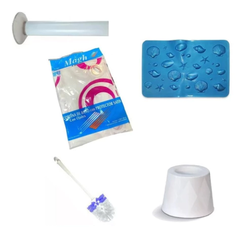 Set Baño Barral + Cortina + Protector + Cepillo + Alfombra