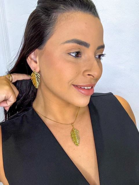 Colar e brinco FOLHAS aço inoxidável