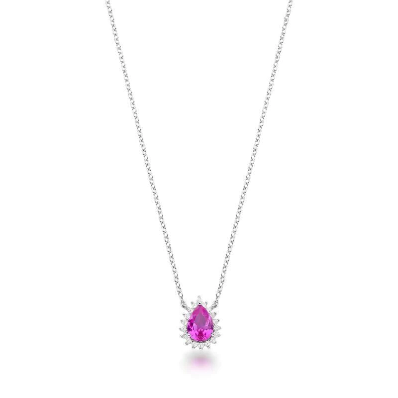 Gargantilha com Cristal de Gota e Zircônias – Prata Rodinada (Cristal Pink)