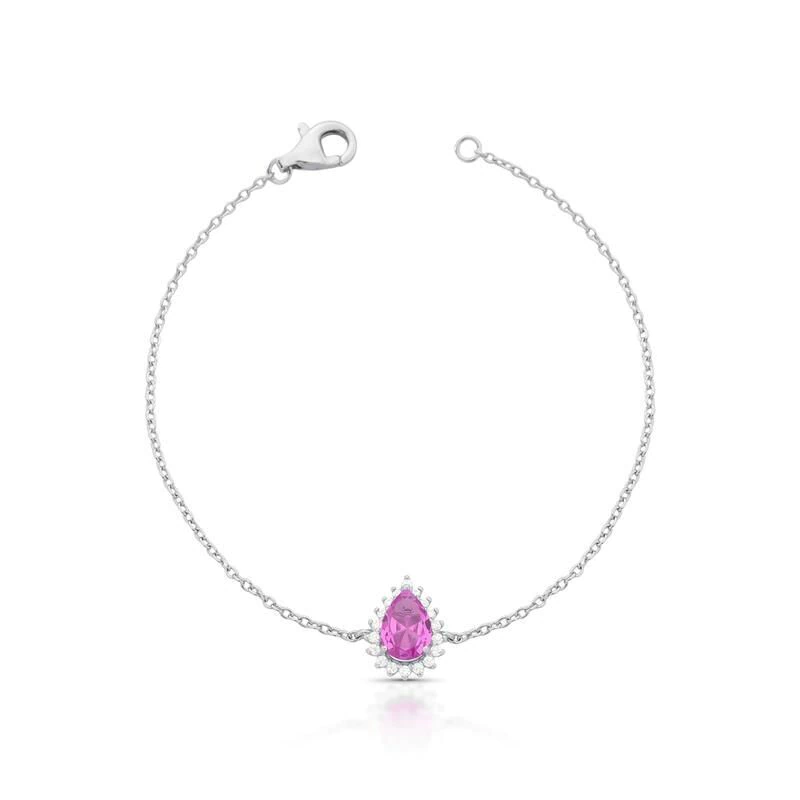 Pulseira com Cristal de Gota e Zircônias – Prata Rodinada (Cristal Pink)