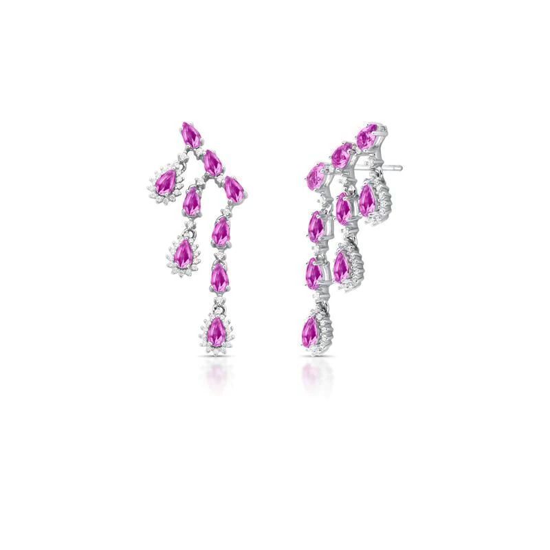 Brinco Ear Cuff Pink em Pêndulo com Cristais – Prata Rodinada