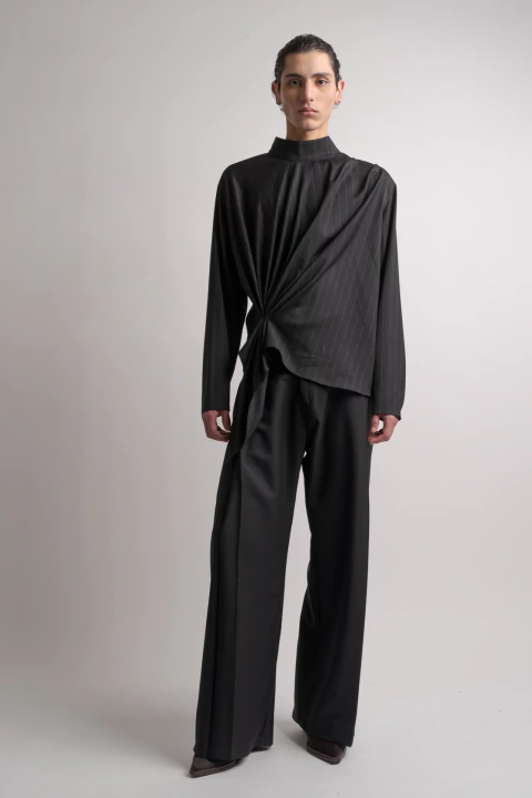 Ingenio: Black Diplomatic Stripes Wool Shirt - buy online