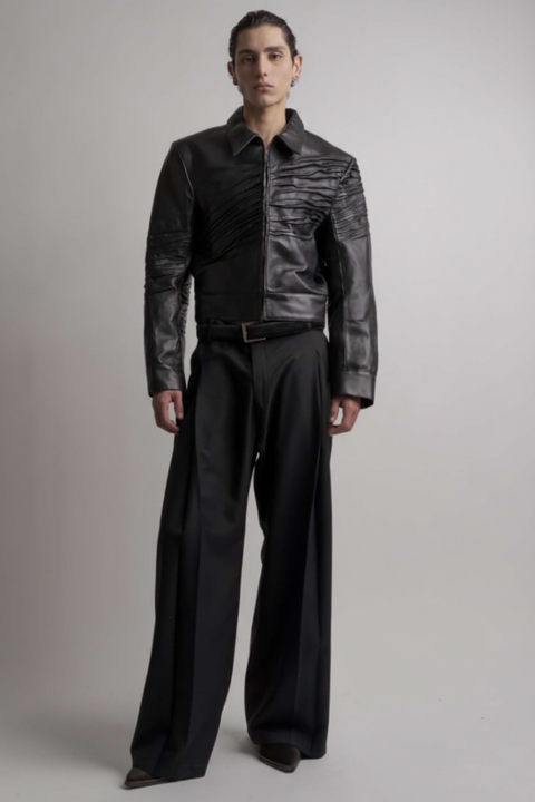 Cafetal: Ruched Black Leather Jacket - buy online