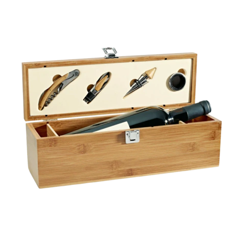 Kit Vinho Estojo De Bambu 4 Peças Com Porta Garrafa