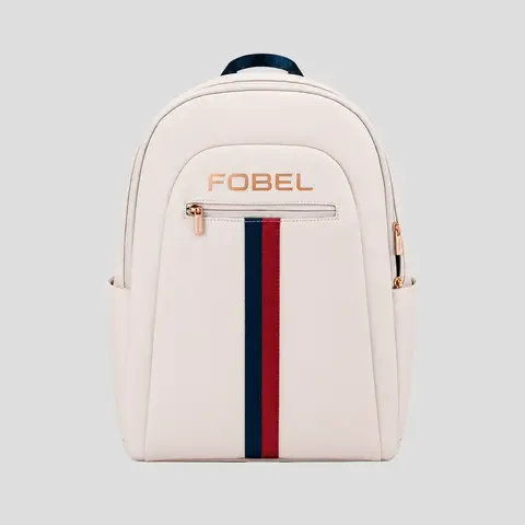 Mochila Fobel modelo Panther na cor bege com faixa vertical azul e vermelha e logo Fobel em dourado