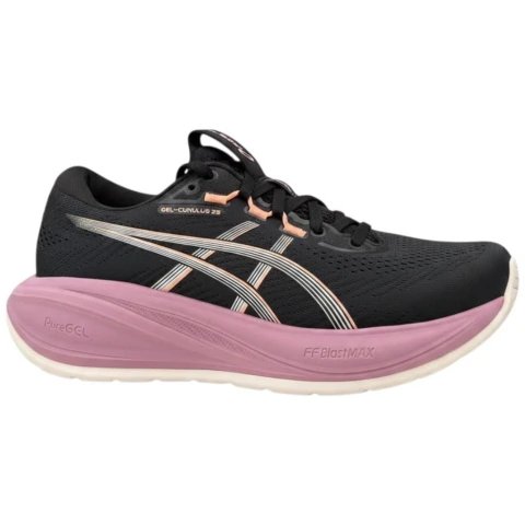 Tênis Asics Gel Cumulus 28 na cor preta com detalhes em taro e sola rosa