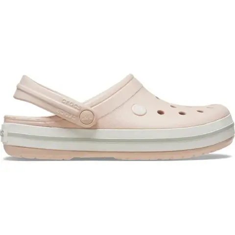 Sandália Crocs Crocband na cor quartz com tira no calcanhar, visual esportivo e solado branco com faixa cinza