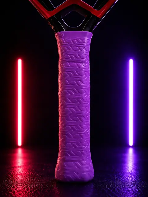 Raquete esportiva com overgrip roxo texturizado Skin Tech no cabo, destacada em fundo escuro com luzes neon vermelha e roxa