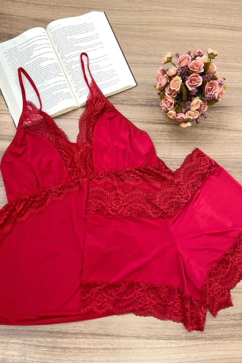 Baby Doll Plus Size em Liganete e Renda - Rosa