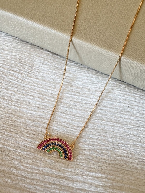 Colar Corrente Veneziana com Arco Íris Cravejado Colorido Banhado a Ouro 18k