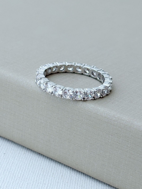 Anel Aliança Russa Inteira Cristal Banhado a Ródio Branco