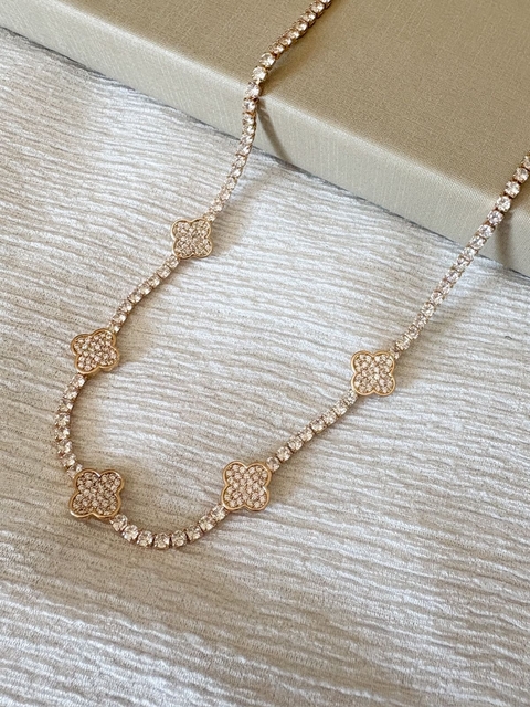 Colar Riviera 5 Trevos Cravejado Banhado a Ouro 18k