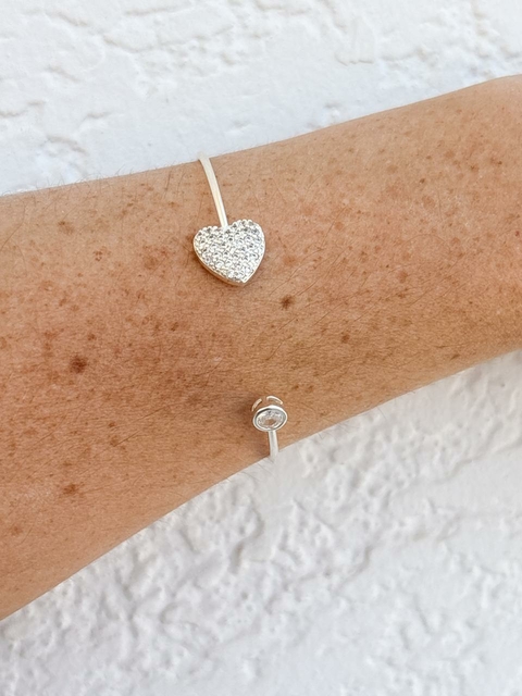 Pulseira Bracelete Coração Cravejado e Ponto de Luz Cristal Banhado a Prata 925