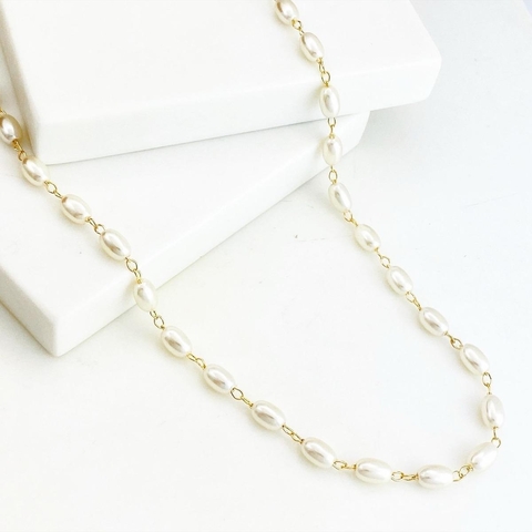 Colar de Pérolas Arroz Banhado a Ouro 18k