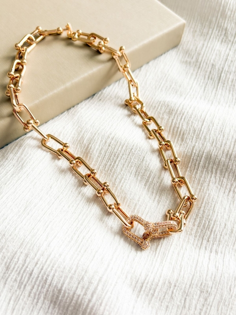 Colar Corrente com Elos Cravejados Banhado a Ouro 18k