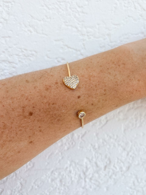 Pulseira Bracelete Coração Cravejado e Ponto de Luz Cristal Banhado a Ouro 18k