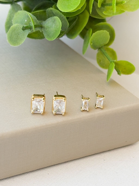 Brincos de Pino Duplo Zircônia Retangular Banhado a Ouro 18k