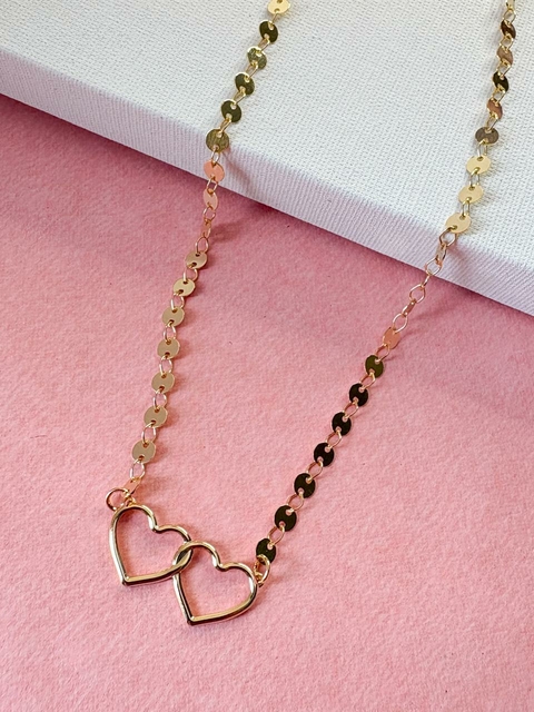 Colar com Plaquinhas 2 Corações Folheado a Ouro 18k