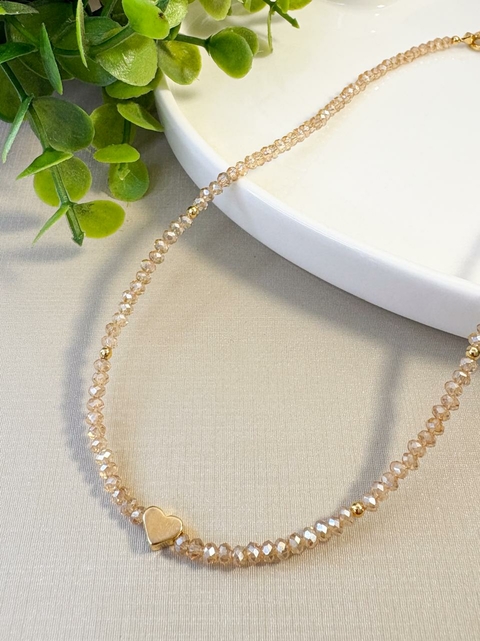 Colar de Cristais Doce de Leite com Coração Banhado a Ouro 18k