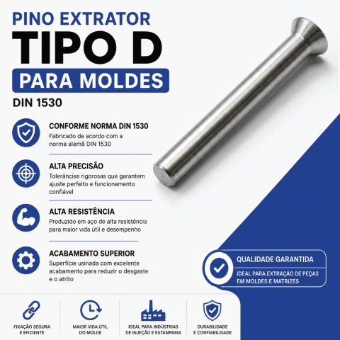 Pino Extrator DIN 1530D para Moldes e Matrizes diâmetro 2,5mm comprimento 125 e 200 mm