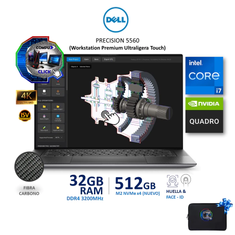 PRECISION 5560 4K-TOUCH/ CORE I7(11TH) SERIE-H/ NVIDIA QUADRO(4GB)/ 32GB-RAM/ 512GB SSD G4/ HUELLA & FACE-ID/ FIBRA-CARBONO