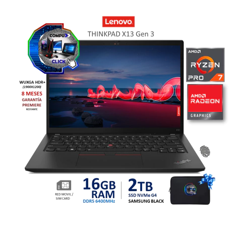 THINKPAD X13 G3 WUXGA+HDR/ RYZEN 7-PRO/ 16GB RAM-DDR5/ 2TB-SSD M2/ SIM-CARD/ HUELLA/ TEC. ILUMADO/ DOLBY AUDIO/ 3 AÑOS GARANTÍA. - comprar en línea