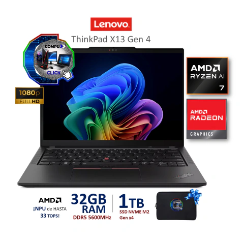 THINKPAD X13 G4 (NUEVA) / PANTALLA WUXGA+ / AMD RYZEN 7 PRO (IA NATIVA) / 32GB RAM-DDR5 / 1TB-SSD / HUELLA / SIM-5G/ TEC. ILUMINADO / CHASIS DE MAGNES