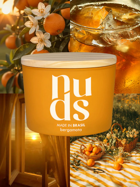 Vela de bergamota em pote laranja com tampa de madeira sobre mesa aroma doce vela de massagem cera vegetal