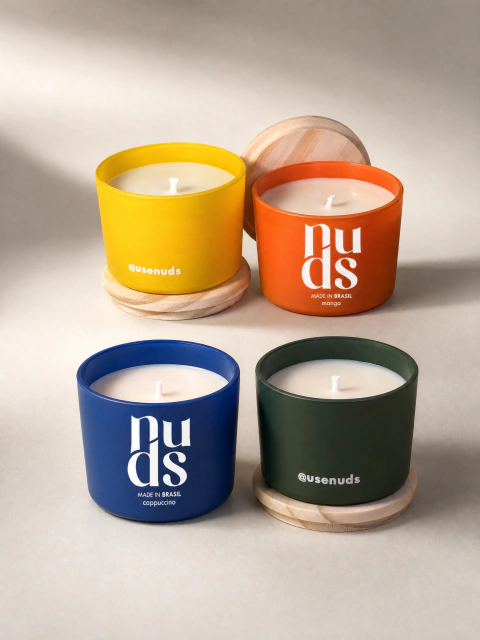 Kit Velas Aromáticas com potes amarelo laranja verde azul amarelo com tampa de madeira sobre mesa aroma doce vela de massagem cera vegetal