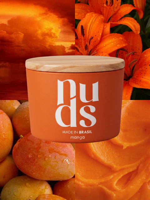 Vela de manga rosa em pote laranja escuro com tampa de madeira sobre mesa aroma doce vela de massagem cera vegetal