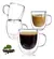 Taza doble fondo de vidrio transparente de 350ml, mostrando café y té, apiladas.