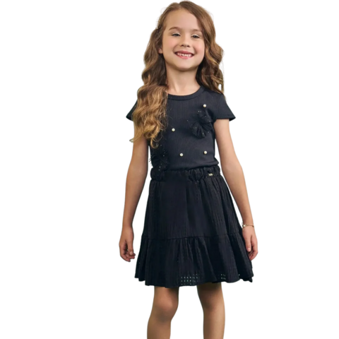 Conjunto Kukiê Blusa Liz + Saia Devorê E Short Preto Verão