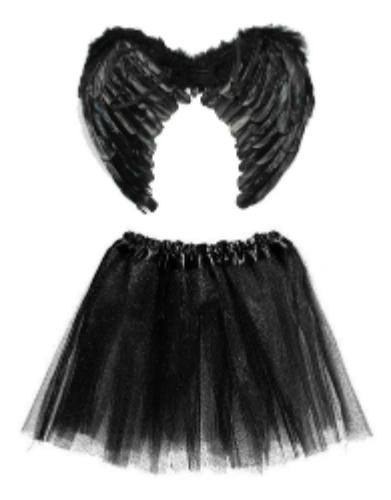 Fantasia Anjo Branco Preto Adulto Asa E Saia Carnaval Festa 2pçs