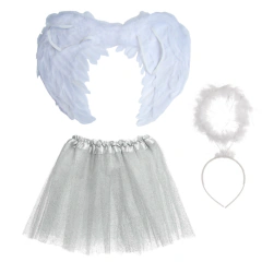 Fantasia Anjo Branco Preto Adulto Asa Arco E Saia Carnaval Festa