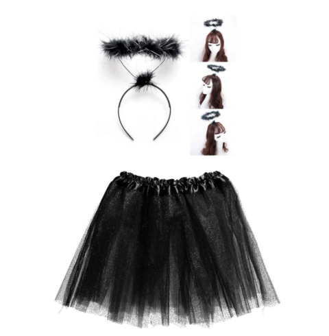 Fantasia Anjo Branco Preto Adulto Arco E Saia Carnaval Festa 2pçs