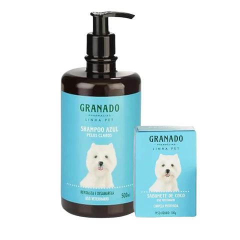 Kit Shampoo Azul Pet Granado 500ml E Sabonete Pet Coco 100g Limpeza Profunda Para Pelos Brancos