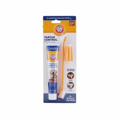 Creme Dental para Cachorro Enzimática + Escova de Dentes Dupla + Dedeira Kit Arm & Hammer Tartar Control