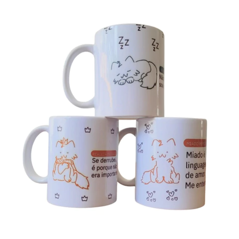 Kit 3 Canecas de Porcelana Gente de Patas 325ml - Miado Mimoso, Modo Zen e Realeza do Caos