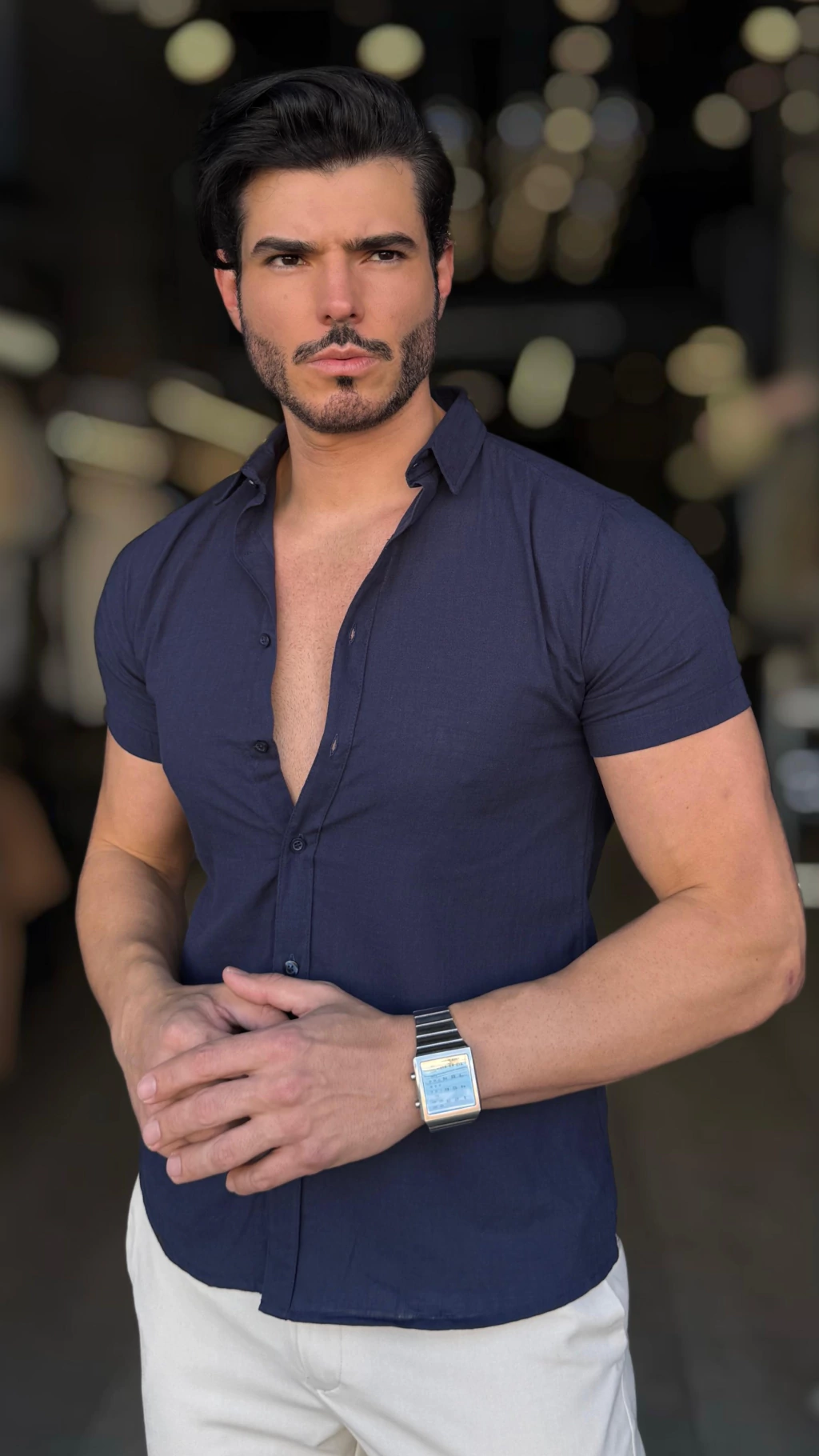 CAMISA GOLA PADRE LINHO FLAME MANGA CURTA AZUL MARINHO