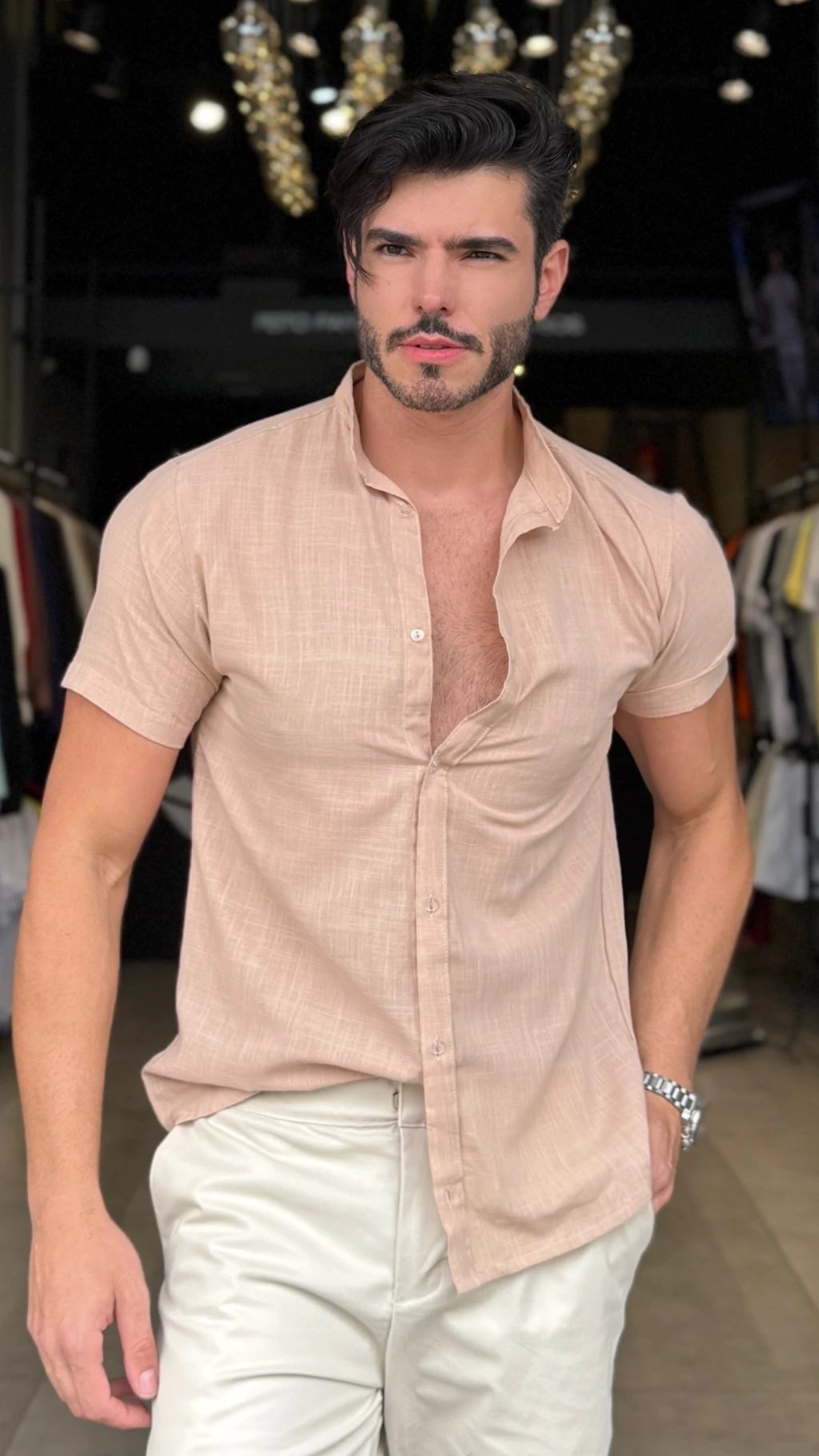 CAMISA GOLA PADRE MANGA CURTA LINHO ROSÊ