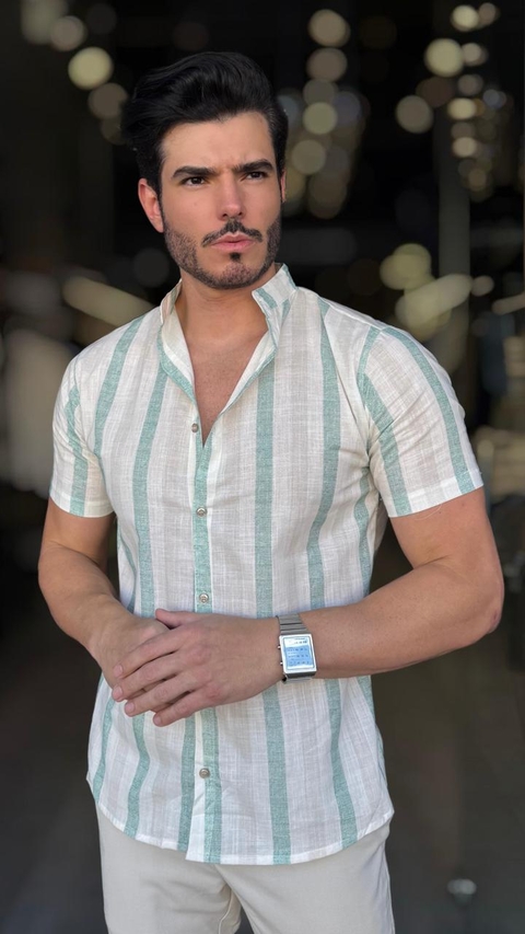 CAMISA GOLA PADRE LINHO MANGA CURTA LISTRADA VERDE