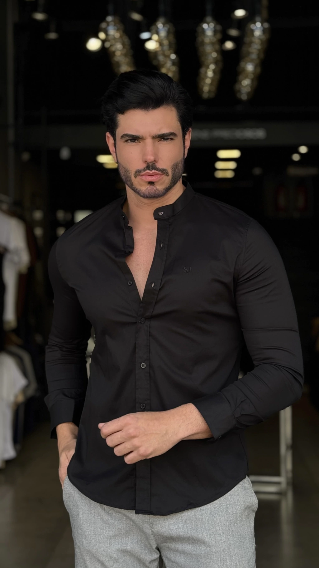 CAMISA SOCIAL GOLA PADRE TRICOLINE MANGA LONGA PRETA