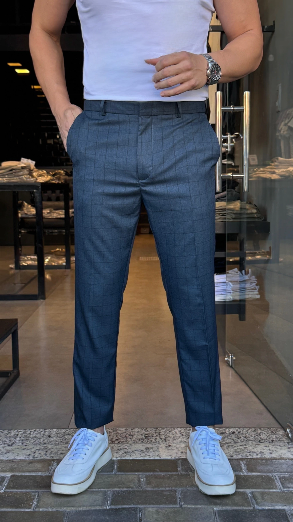 CALÇA ALFAIATARIA XADREZ AZUL NEW YORK