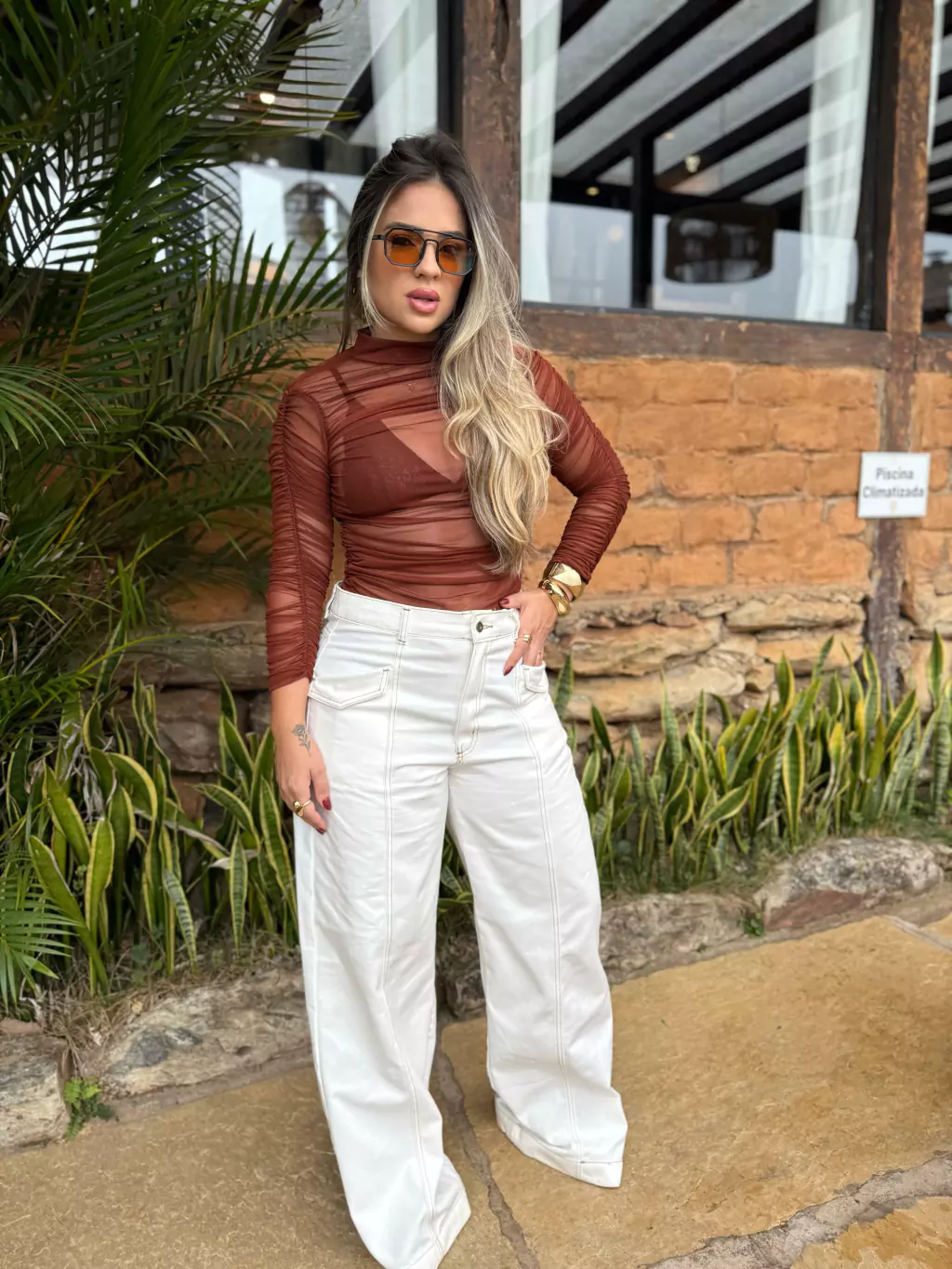 Body Ema de Tule Drapeado Marrom