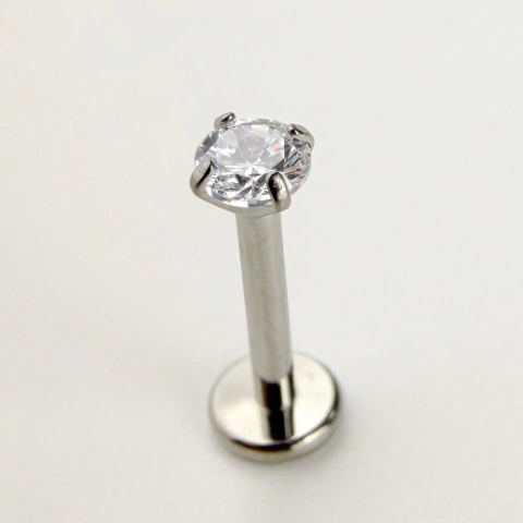 Labret ponto de luz zircônia com garrinha - Rosca Interna - Titânio Natural