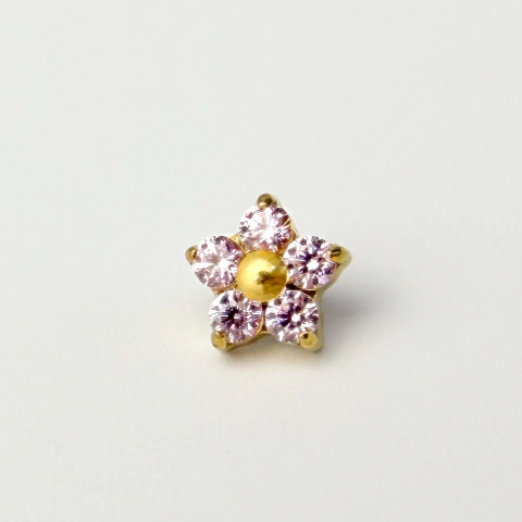 Labret mini flor cravejada rosa claro e meio liso - Titânio PVD Gold