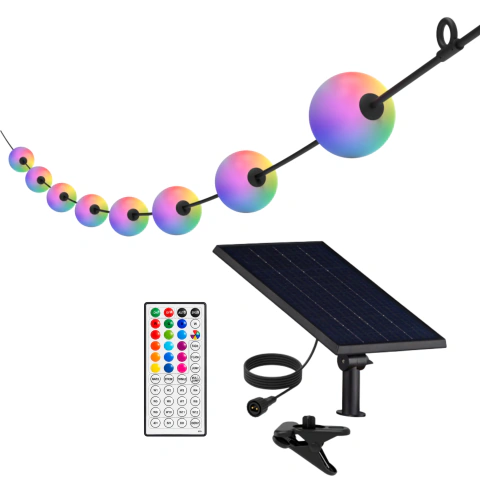 Guirnalda SOLAR RGB autonoma 7 mts para exterior con 10 Esferas y Panel