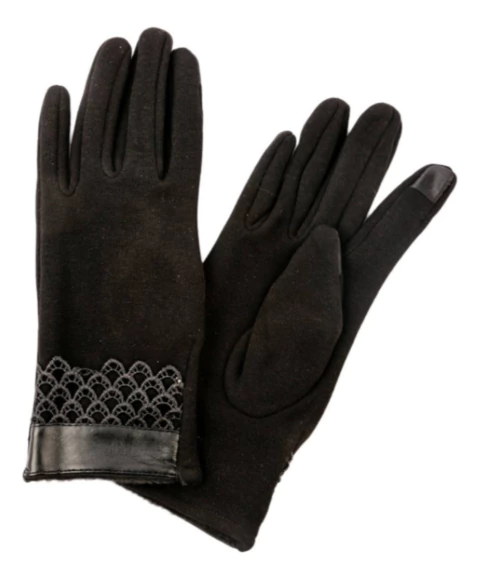Guantes Negros Mujer Con Encaje Y Detalle De Cuero