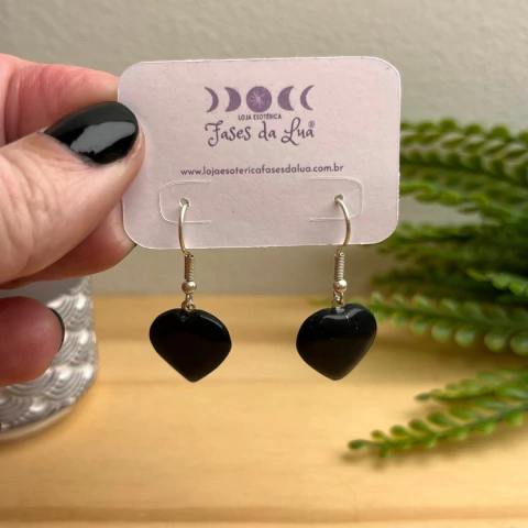 Brinco de Coração Pedra Obsidiana Negra - Proteção
